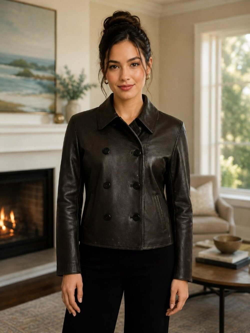 Lauren Ralph Lauren Womens Petite Medium  Double-Breasted Leather Jacket Black